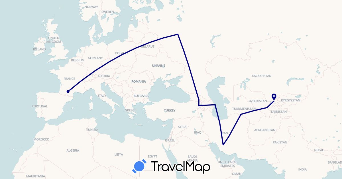 TravelMap itinerary: driving in Armenia, Azerbaijan, France, Georgia, Iran, Russia, Turkmenistan, Uzbekistan (Asia, Europe)