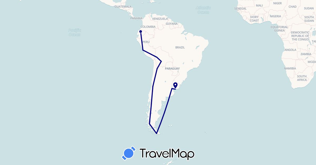 TravelMap itinerary: driving in Argentina, Bolivia, Chile, Ecuador, Peru, Uruguay (South America)