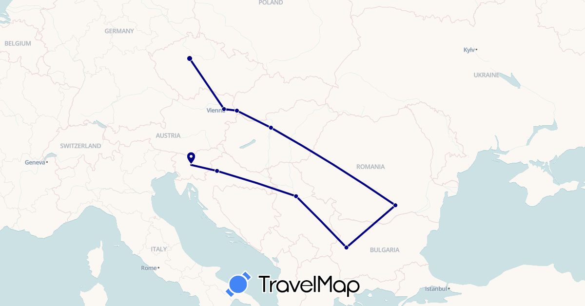 TravelMap itinerary: driving in Austria, Bulgaria, Czech Republic, Croatia, Hungary, Romania, Serbia, Slovenia, Slovakia (Europe)