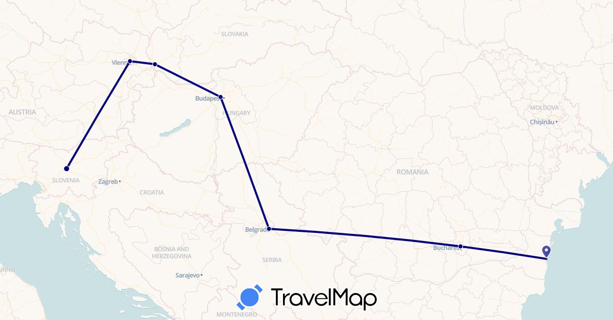 TravelMap itinerary: driving in Austria, Hungary, Romania, Serbia, Slovenia, Slovakia (Europe)