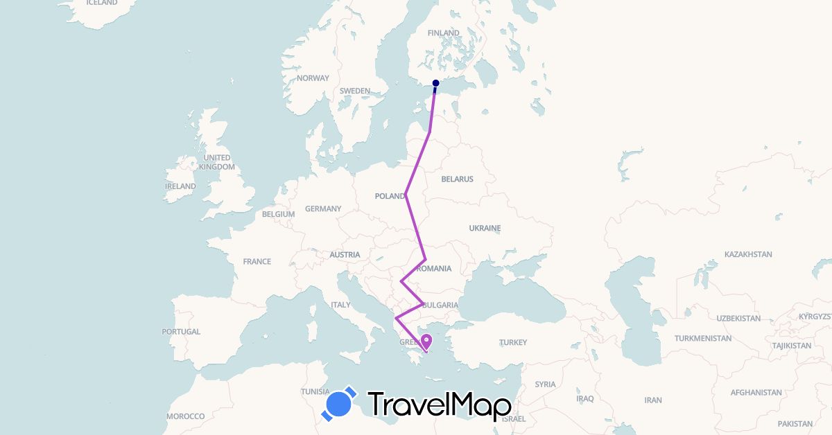 TravelMap itinerary: driving, train in Albania, Bulgaria, Estonia, Finland, Greece, Latvia, Macedonia, Poland, Romania, Serbia (Europe)