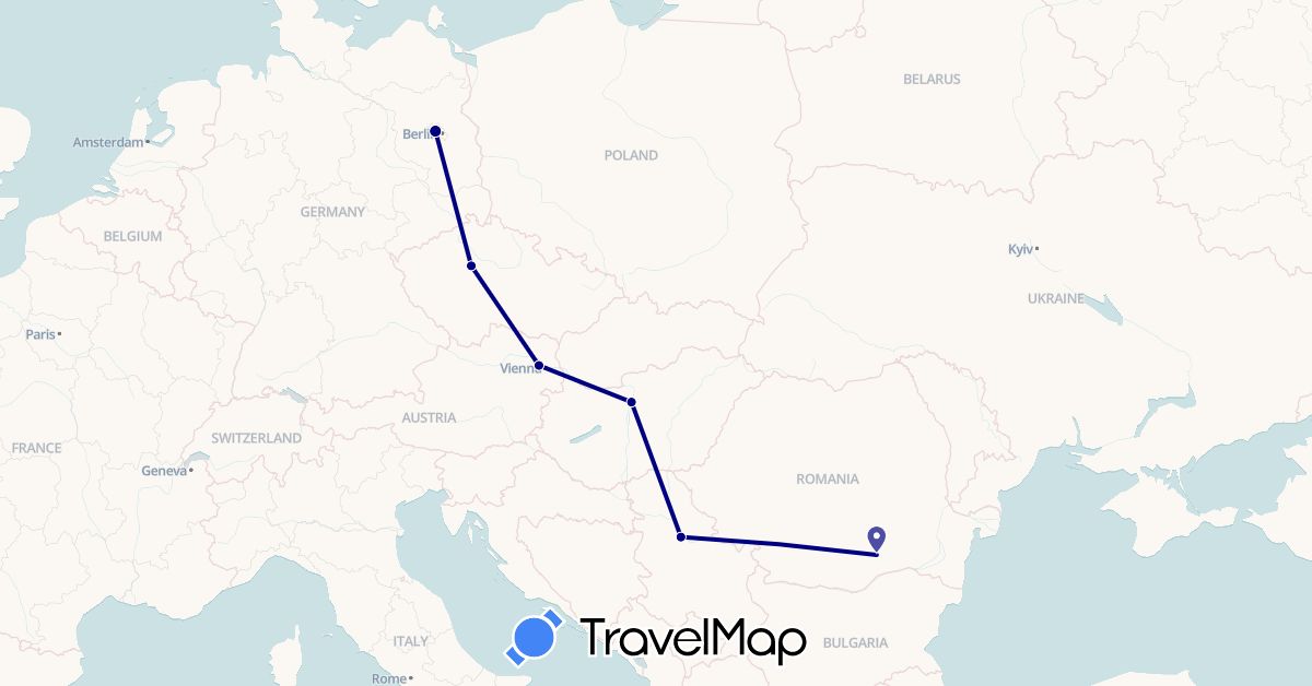TravelMap itinerary: driving in Austria, Czech Republic, Germany, Hungary, Romania, Serbia (Europe)